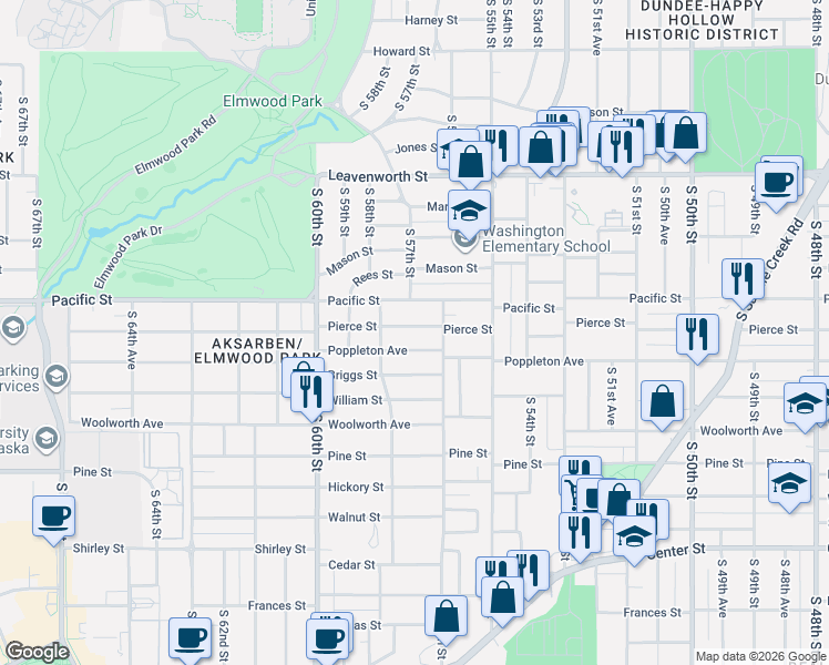map of restaurants, bars, coffee shops, grocery stores, and more near 5707 Pacific Street in Omaha