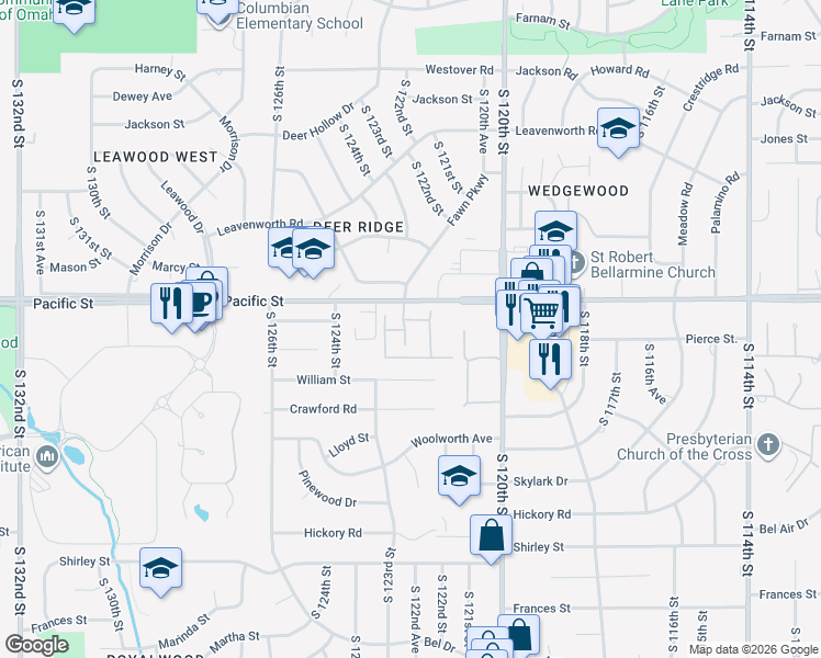 map of restaurants, bars, coffee shops, grocery stores, and more near 1106 Fawn Parkway Plaza in Omaha