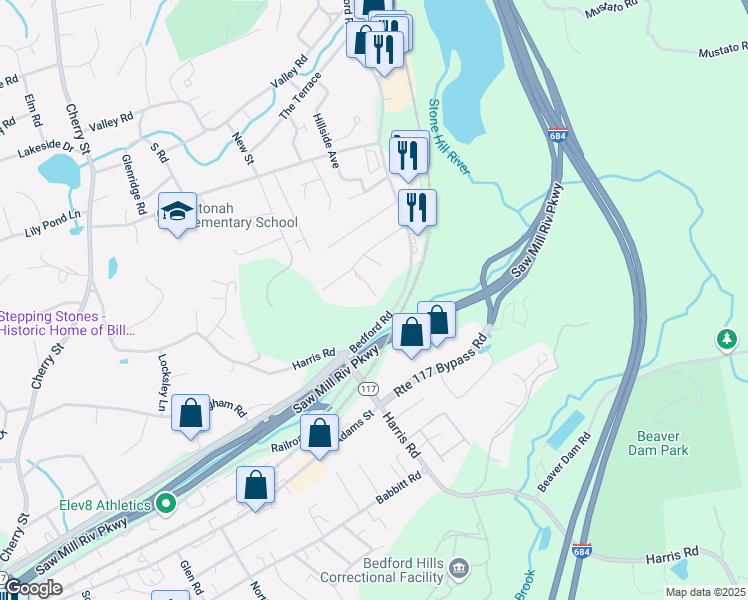 map of restaurants, bars, coffee shops, grocery stores, and more near 30 Sunrise Avenue in Katonah