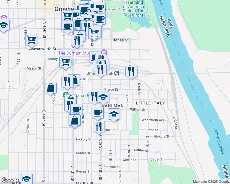 map of restaurants, bars, coffee shops, grocery stores, and more near 1111 South 9th Street in Omaha