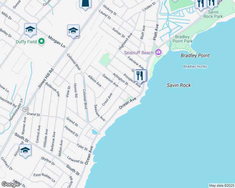 map of restaurants, bars, coffee shops, grocery stores, and more near 22 Crest Avenue in West Haven