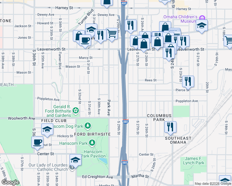 map of restaurants, bars, coffee shops, grocery stores, and more near 1106 South 29th Street in Omaha