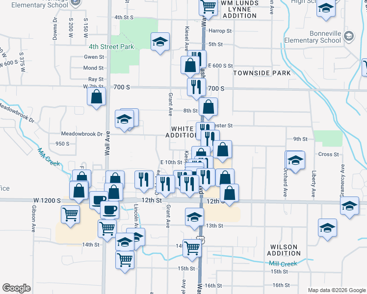 map of restaurants, bars, coffee shops, grocery stores, and more near 342 Cross Street in Ogden