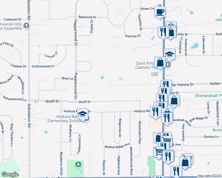 map of restaurants, bars, coffee shops, grocery stores, and more near 4526 Homestead Drive in Brunswick
