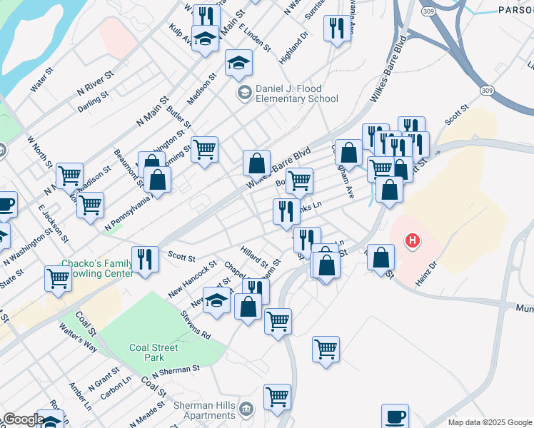 map of restaurants, bars, coffee shops, grocery stores, and more near 161 Kidder Street in Wilkes-Barre