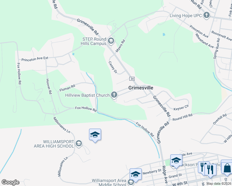 map of restaurants, bars, coffee shops, grocery stores, and more near 98 Hillview Ave in Williamsport