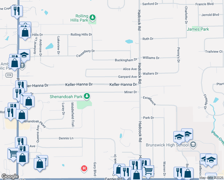 map of restaurants, bars, coffee shops, grocery stores, and more near 3965 Keller-Hanna Drive in Brunswick