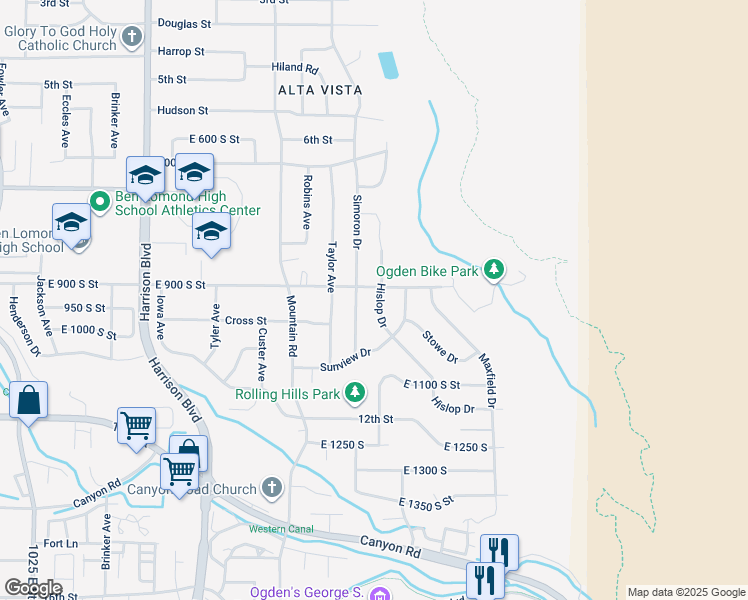 map of restaurants, bars, coffee shops, grocery stores, and more near 915 Hislop Drive in Ogden