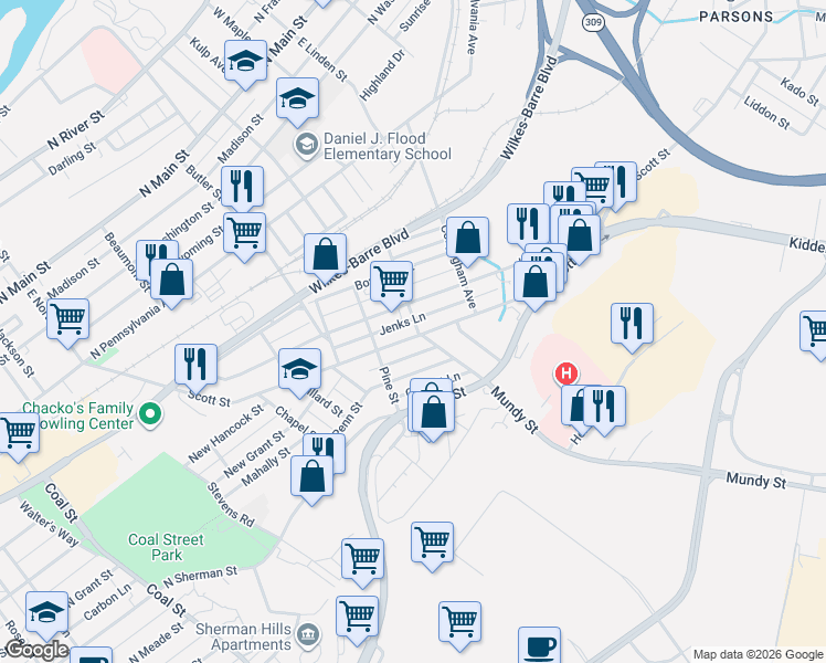 map of restaurants, bars, coffee shops, grocery stores, and more near 213-241 Kidder Street in Wilkes-Barre