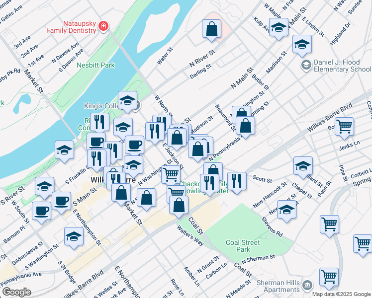 map of restaurants, bars, coffee shops, grocery stores, and more near 38 West North Street in Kingston