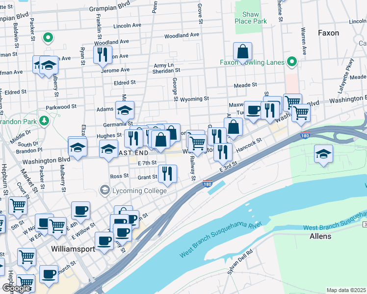 map of restaurants, bars, coffee shops, grocery stores, and more near 524 Wilson Street in Williamsport