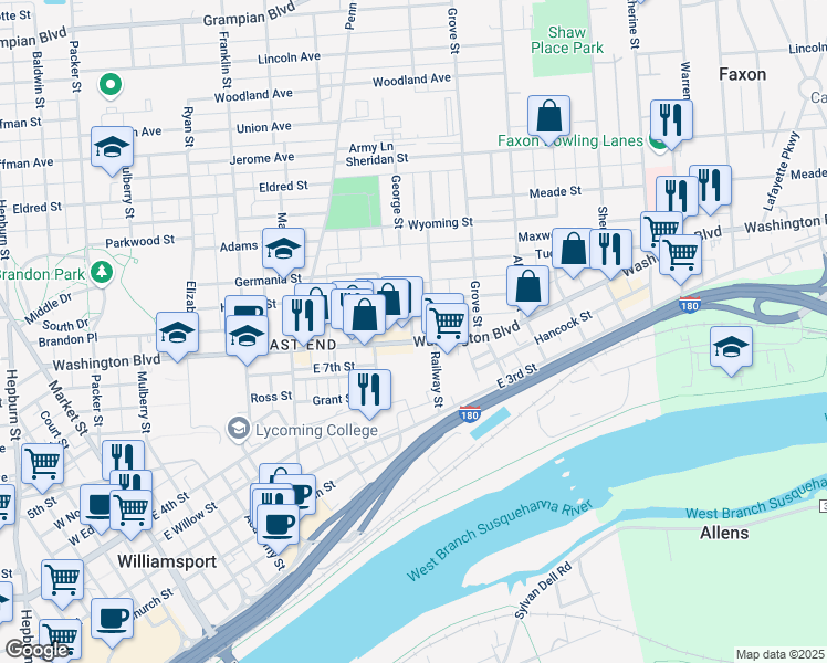 map of restaurants, bars, coffee shops, grocery stores, and more near 524 Wilson Street in Williamsport