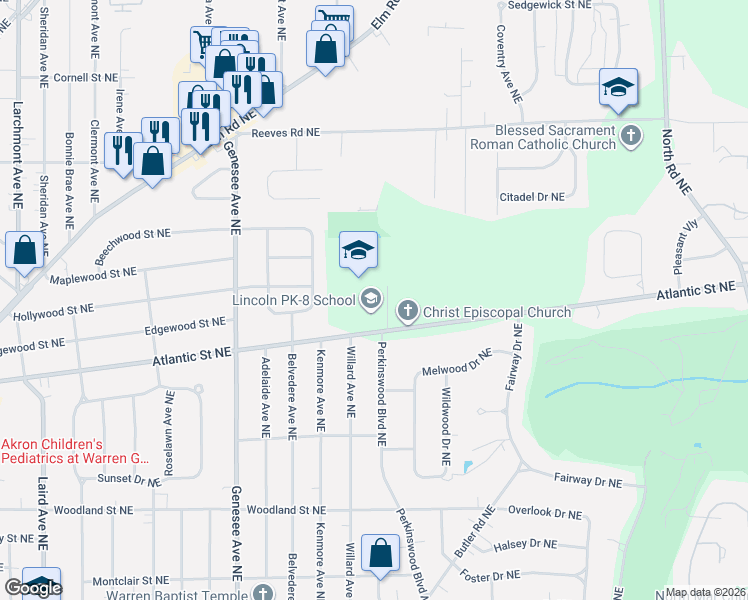 map of restaurants, bars, coffee shops, grocery stores, and more near 2253 Atlantic Street Northeast in Warren