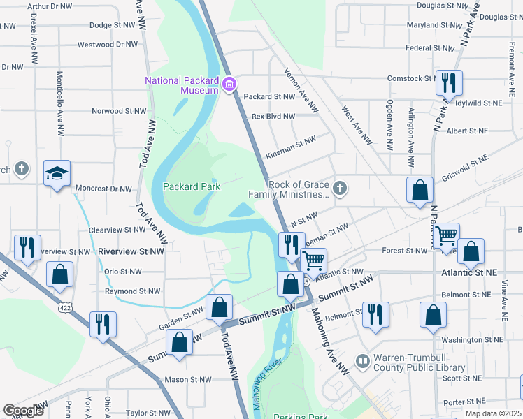 map of restaurants, bars, coffee shops, grocery stores, and more near 1381 Ohio 45 in Warren