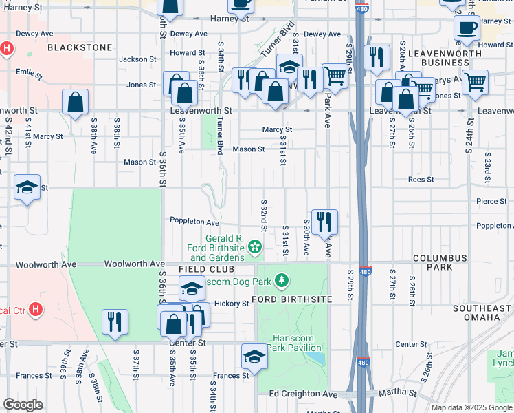 map of restaurants, bars, coffee shops, grocery stores, and more near 3221 Pacific Street in Omaha
