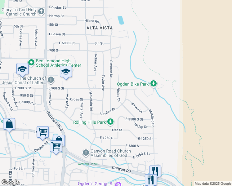 map of restaurants, bars, coffee shops, grocery stores, and more near 915 Hislop Drive in Ogden