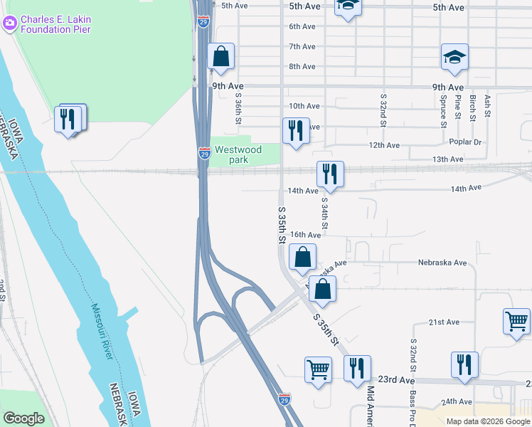 map of restaurants, bars, coffee shops, grocery stores, and more near in Council Bluffs