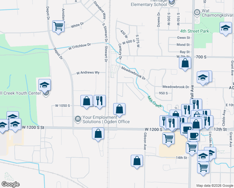 map of restaurants, bars, coffee shops, grocery stores, and more near 1 S Century Dr in Ogden