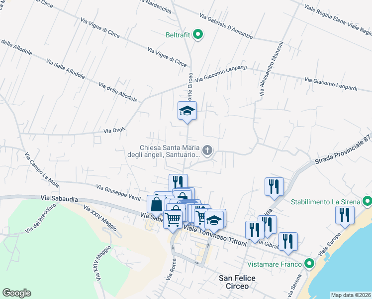 map of restaurants, bars, coffee shops, grocery stores, and more near 12 Via Monte Circeo in San Felice Circeo