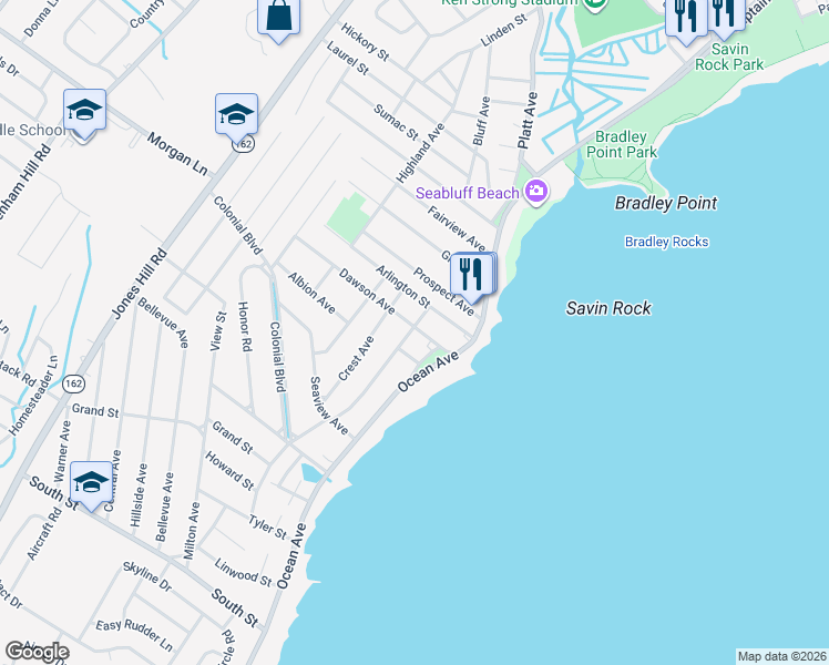 map of restaurants, bars, coffee shops, grocery stores, and more near 60 Arlington Street in West Haven