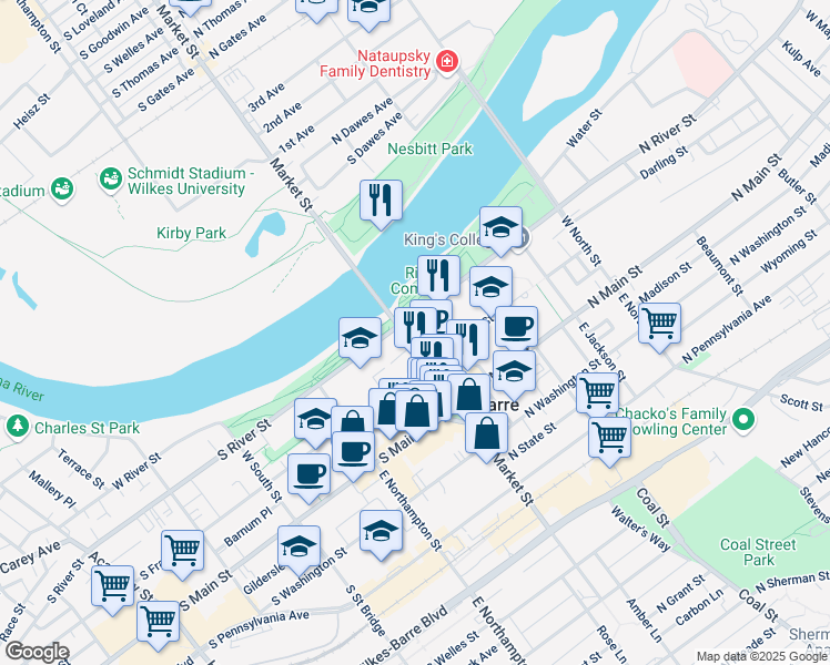 map of restaurants, bars, coffee shops, grocery stores, and more near 2-98 N River St in Wilkes-Barre