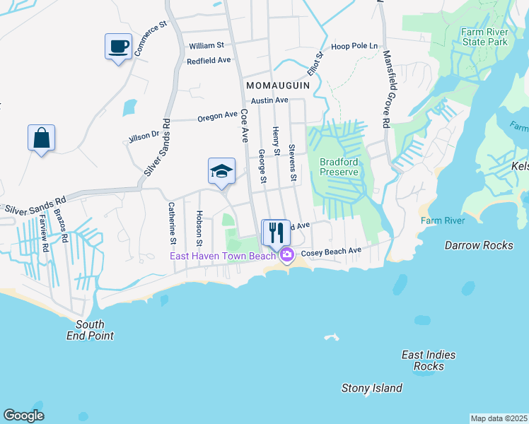 map of restaurants, bars, coffee shops, grocery stores, and more near 32 George Street in East Haven