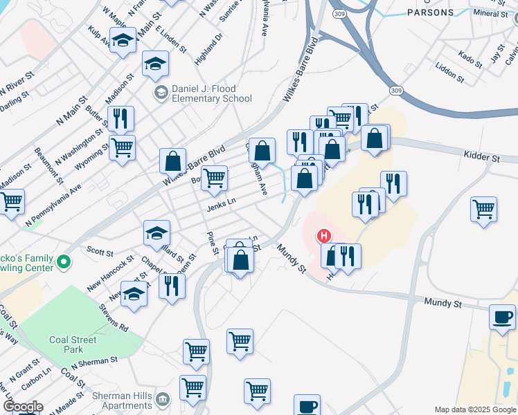 map of restaurants, bars, coffee shops, grocery stores, and more near in Wilkes-Barre