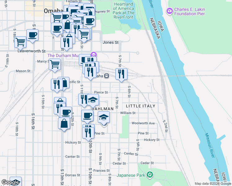 map of restaurants, bars, coffee shops, grocery stores, and more near 1131 South 8th Street in Omaha