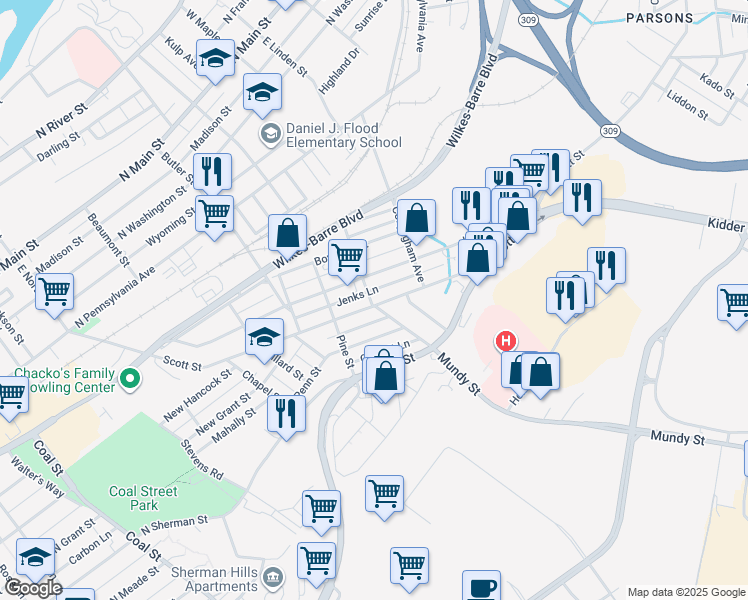 map of restaurants, bars, coffee shops, grocery stores, and more near 380 Scott Street in Wilkes-Barre