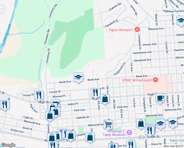 map of restaurants, bars, coffee shops, grocery stores, and more near 1201-1299 Vallamont Drive Northwest in Williamsport