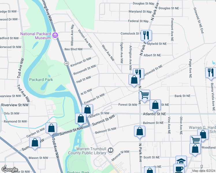 map of restaurants, bars, coffee shops, grocery stores, and more near North Street Northwest in Warren