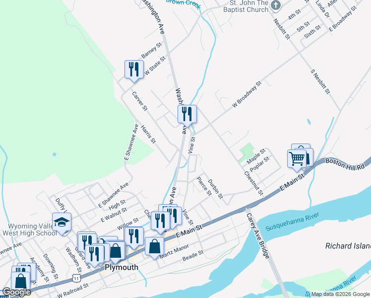 map of restaurants, bars, coffee shops, grocery stores, and more near 269 Vine St in Plymouth