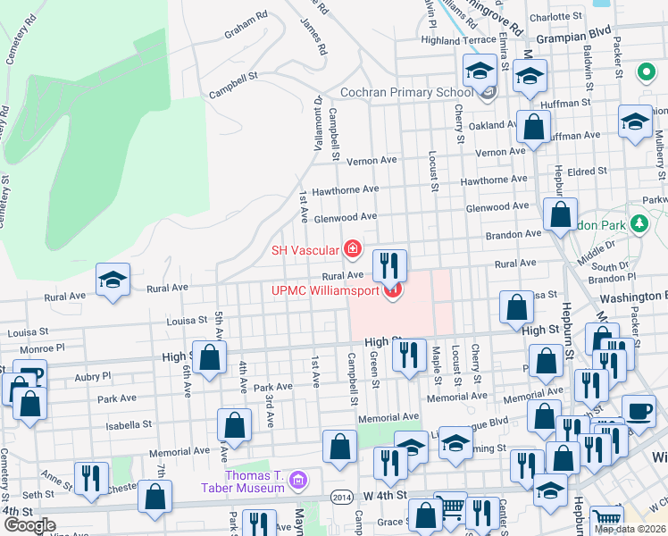 map of restaurants, bars, coffee shops, grocery stores, and more near 1st Avenue in Williamsport