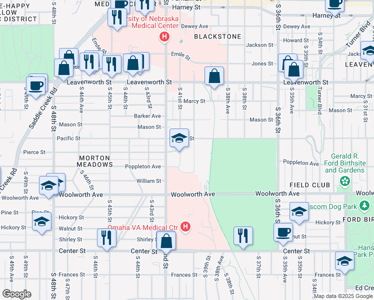 map of restaurants, bars, coffee shops, grocery stores, and more near 1111 South 41st Street in Omaha