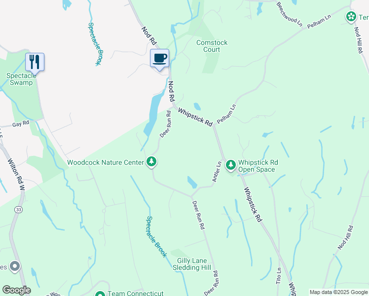 map of restaurants, bars, coffee shops, grocery stores, and more near 23 Deer Run Road in Wilton