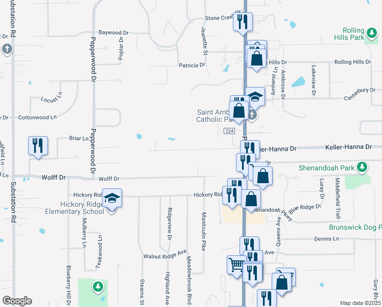 map of restaurants, bars, coffee shops, grocery stores, and more near 4451 Homestead Drive in Brunswick