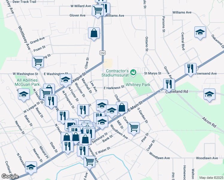 map of restaurants, bars, coffee shops, grocery stores, and more near 9 East Harkness Street in Norwalk