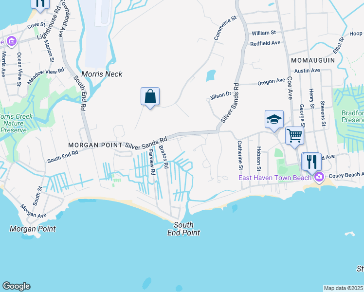 map of restaurants, bars, coffee shops, grocery stores, and more near 621 Silver Sands Road in East Haven