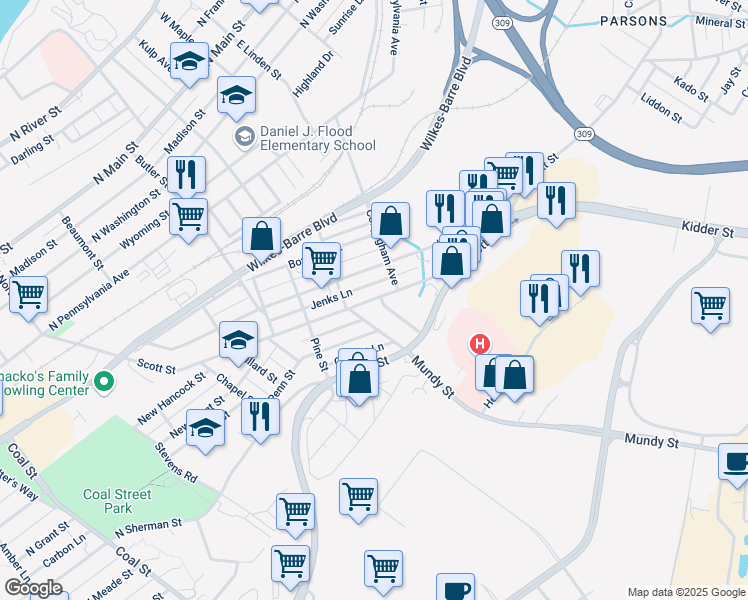 map of restaurants, bars, coffee shops, grocery stores, and more near 297 Kidder Street in Wilkes-Barre