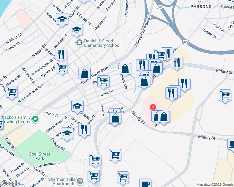 map of restaurants, bars, coffee shops, grocery stores, and more near 297 Kidder Street in Wilkes-Barre
