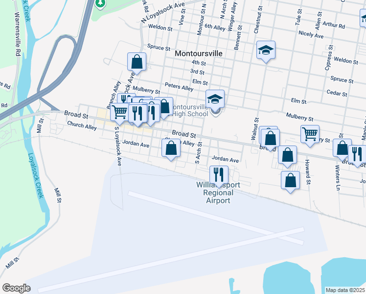 map of restaurants, bars, coffee shops, grocery stores, and more near 503 Church Alley in Montoursville