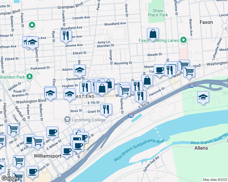 map of restaurants, bars, coffee shops, grocery stores, and more near 524 Wilson Street in Williamsport