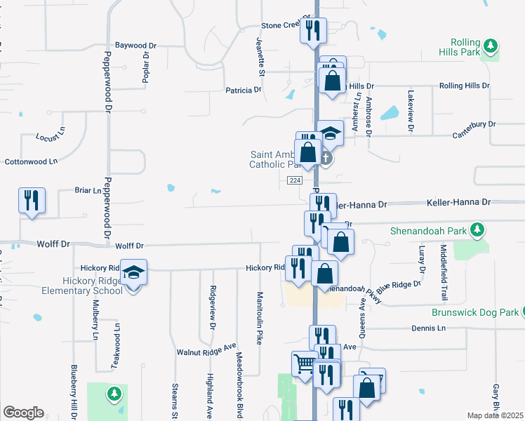 map of restaurants, bars, coffee shops, grocery stores, and more near 4409 Homestead Drive in Brunswick