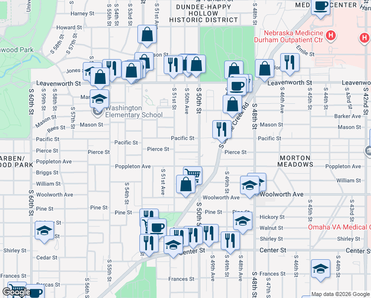 map of restaurants, bars, coffee shops, grocery stores, and more near 5013 Pacific Street in Omaha