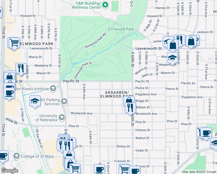 map of restaurants, bars, coffee shops, grocery stores, and more near 6231 Pacific Street in Omaha