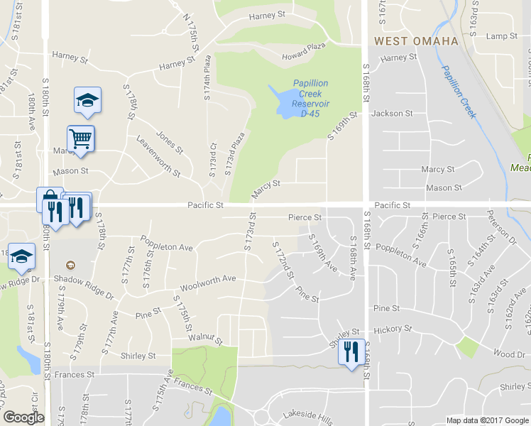 map of restaurants, bars, coffee shops, grocery stores, and more near 17214 Pierce Street in Omaha