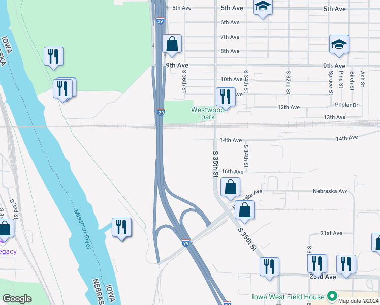 map of restaurants, bars, coffee shops, grocery stores, and more near 3541 14th Avenue in Council Bluffs