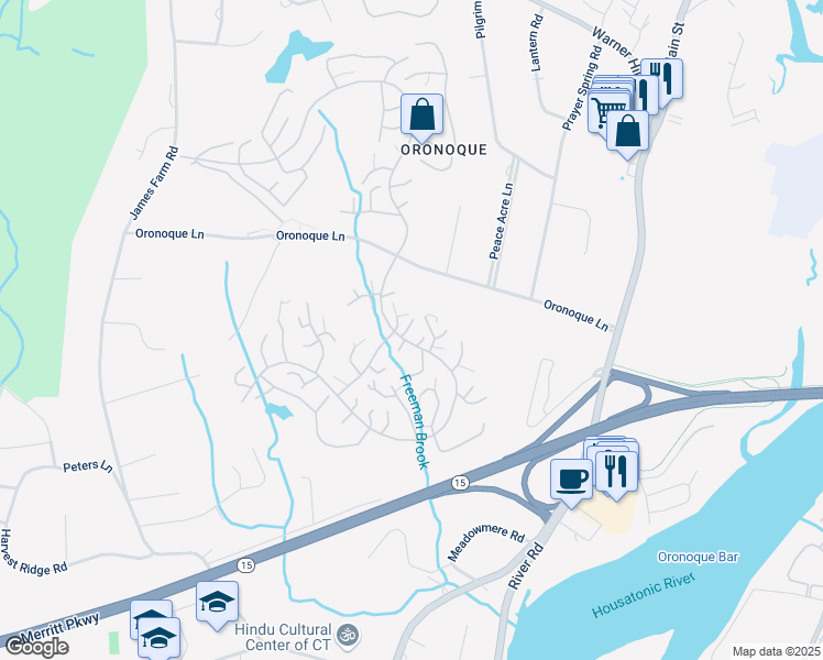 map of restaurants, bars, coffee shops, grocery stores, and more near 43a Buckskin Lane in Stratford