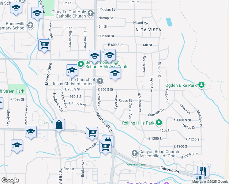 map of restaurants, bars, coffee shops, grocery stores, and more near 907 Tyler Avenue in Ogden