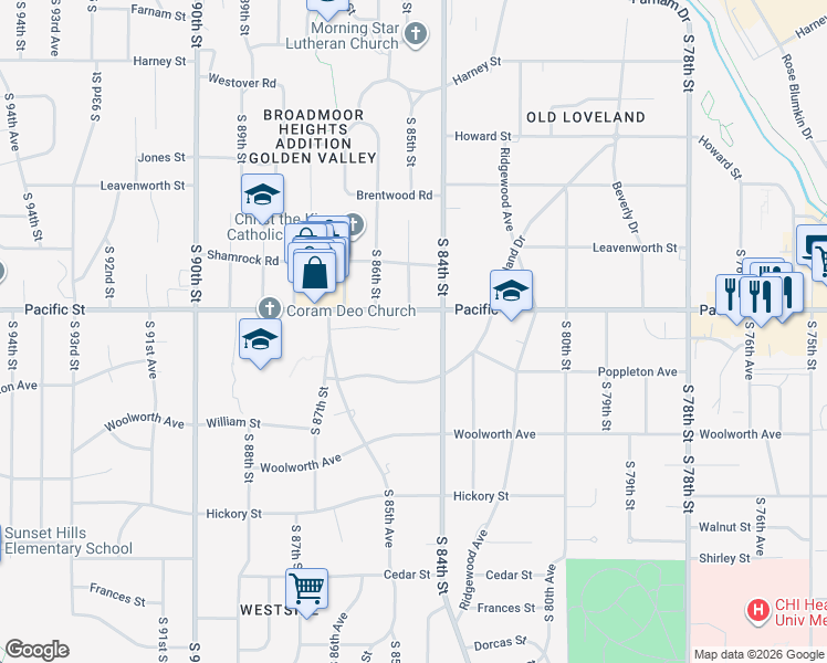 map of restaurants, bars, coffee shops, grocery stores, and more near 1104 South 84th Street in Omaha